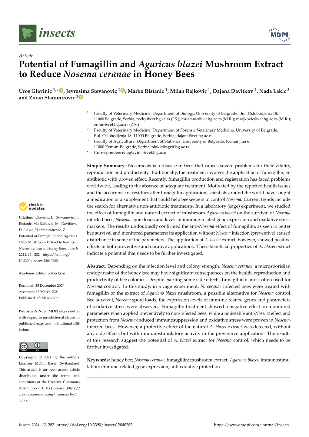 Potential of Fumagillin and Agaricus Blazei Mushroom Extract to Reduce Nosema Ceranae in Honey Bees