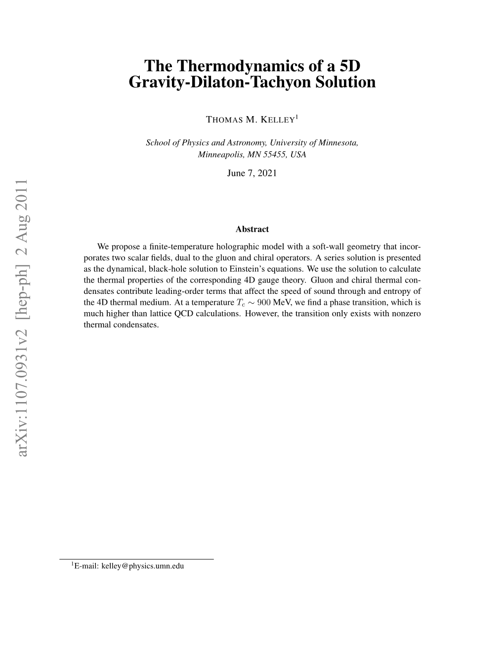 The Thermodynamics of a 5D Gravity-Dilaton-Tachyon Solution