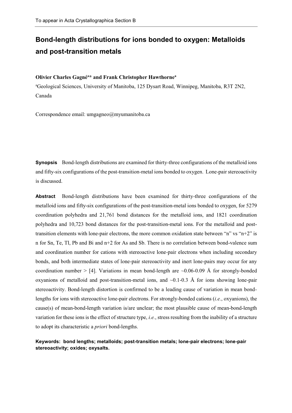 Bond-Length Distributions for Ions Bonded to Oxygen: Metalloids and Post-Transition Metals