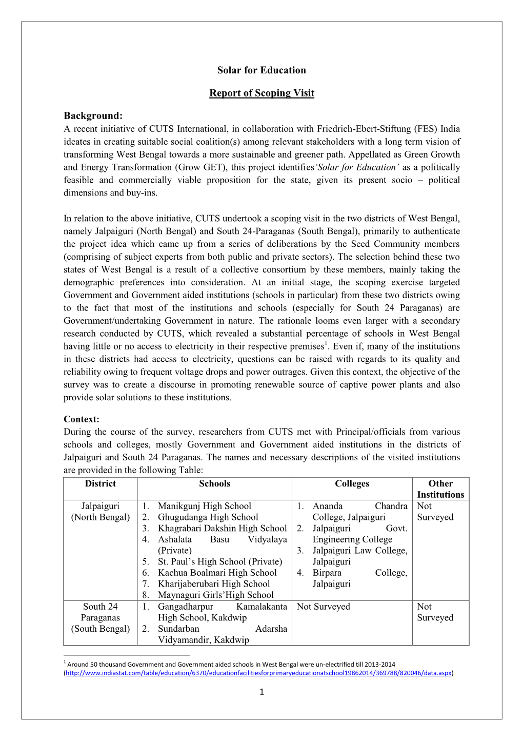 Solar for Education Report of Scoping Visit Background