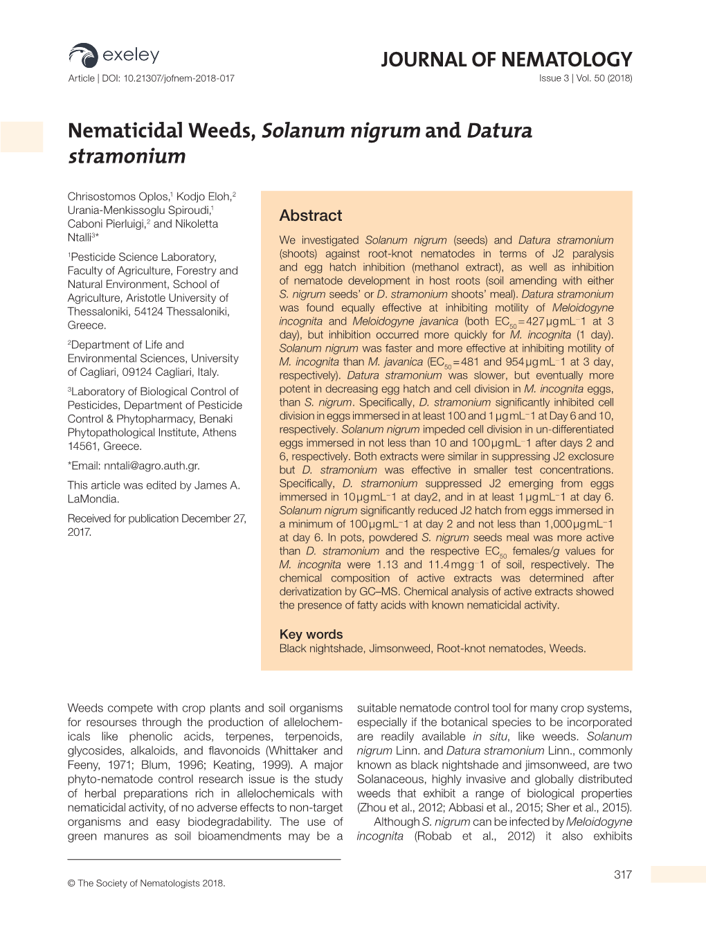 Nematicidal Weeds, Solanum Nigrum and Datura Stramonium