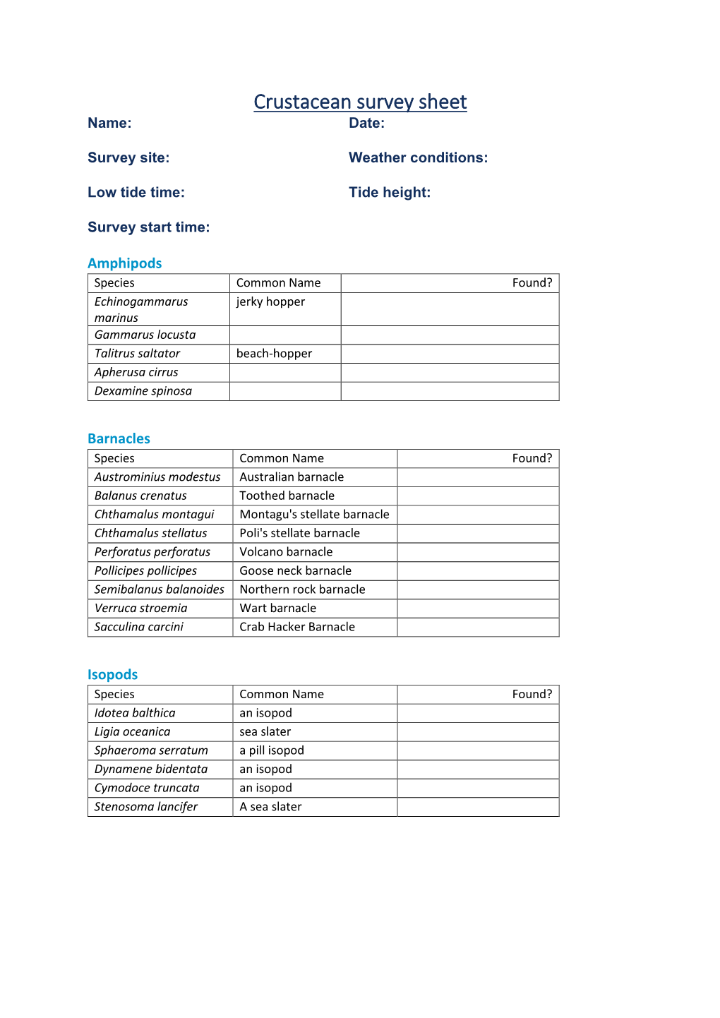 Crustacean Survey Sheet Name: Date