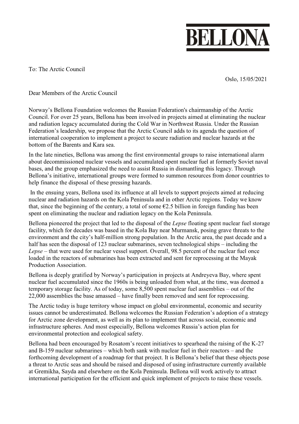 Letter to the Arctic Council