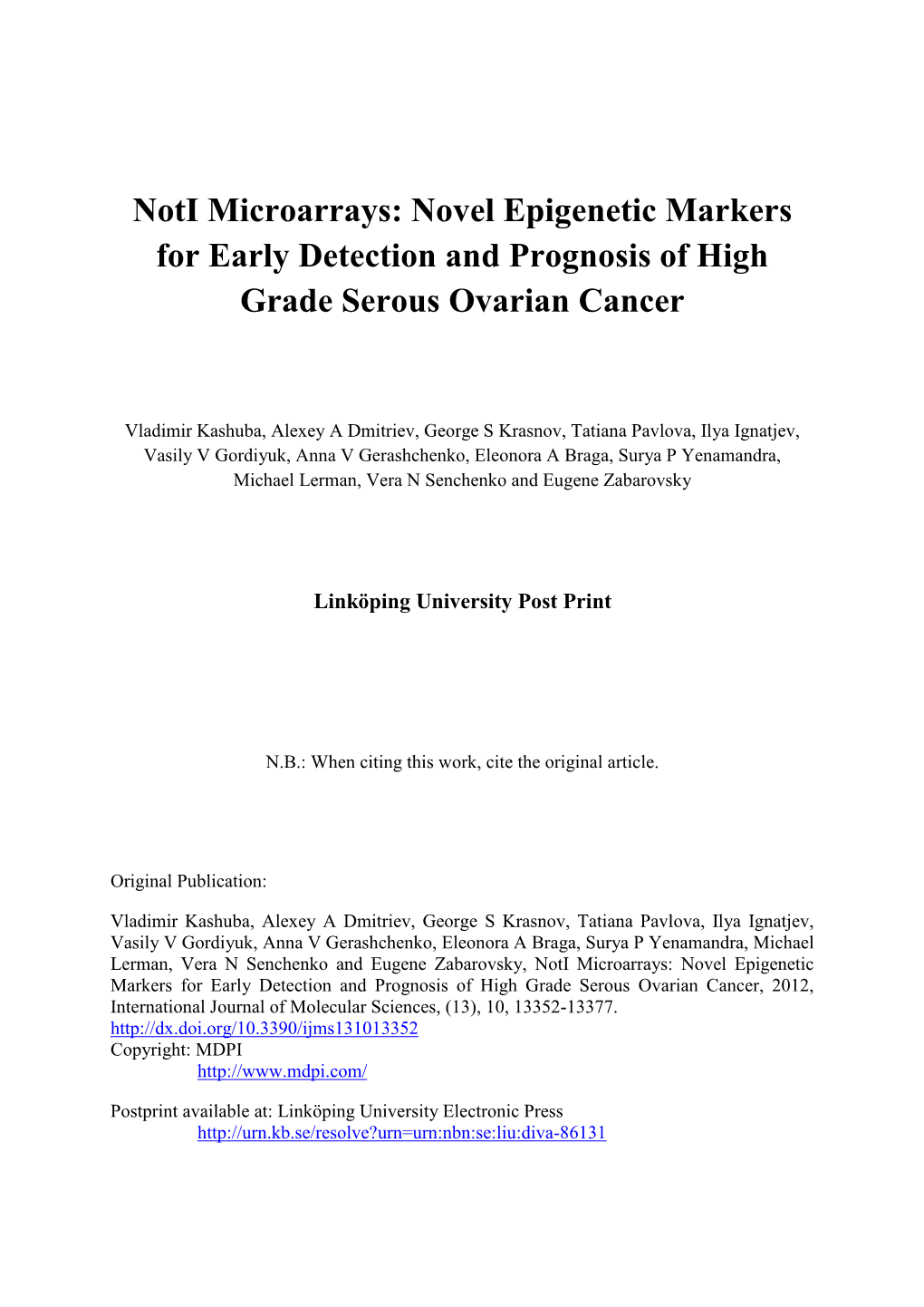 Novel Epigenetic Markers for Early Detection and Prognosis of High Grade Serous Ovarian Cancer