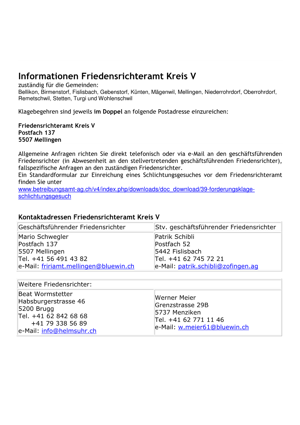 Informationen Friedensrichteramt Kreis V