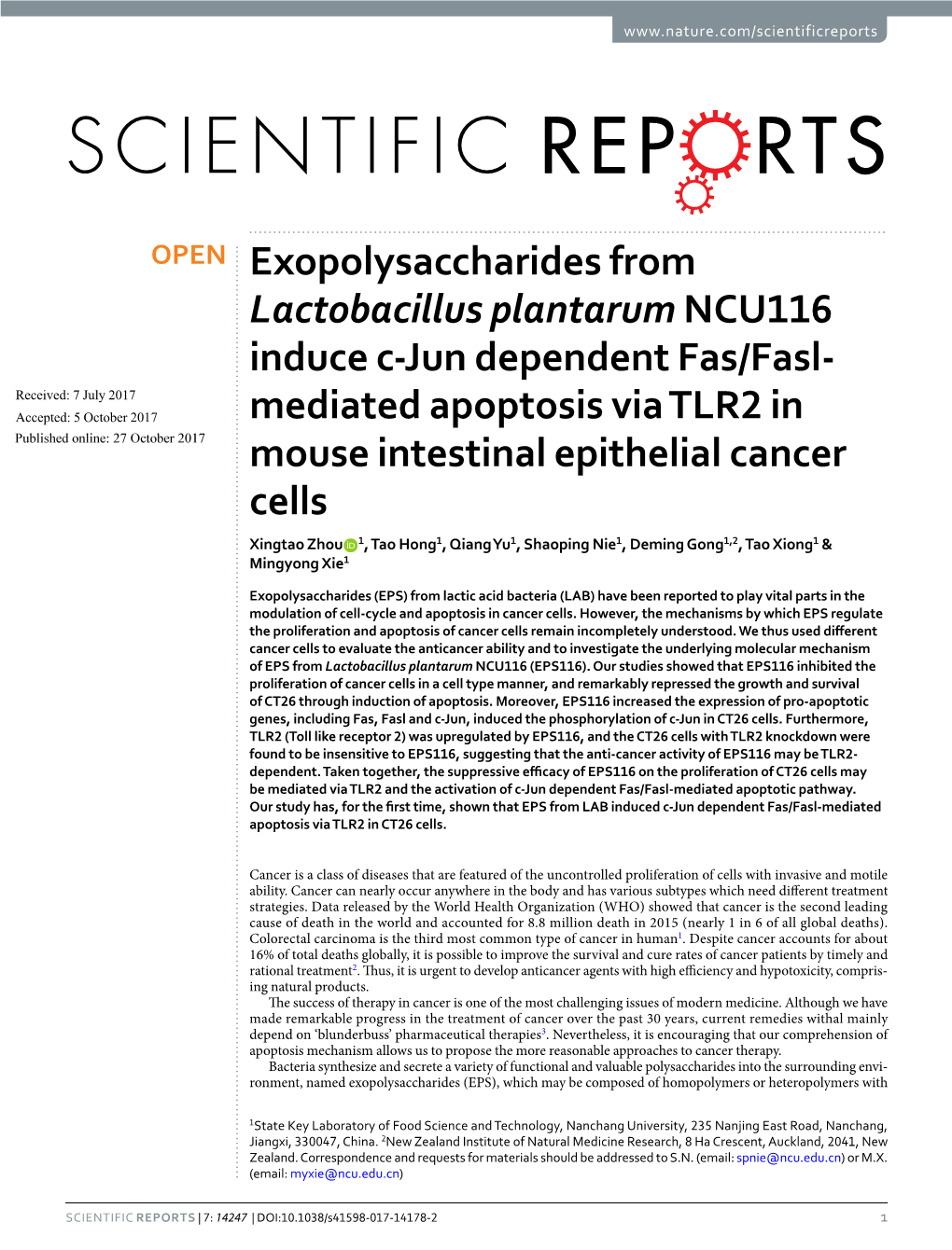 Exopolysaccharides from Lactobacillus Plantarum NCU116 Induce C-Jun Dependent Fas/Fasl-Mediated Apoptosis Via TLR2 in Mouse Inte