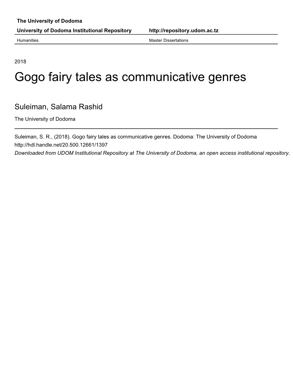 Gogo Fairy Tales As Communicative Genres
