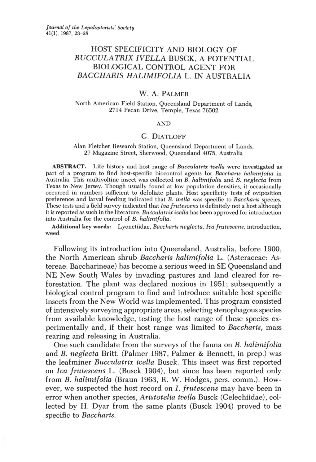 Host Specificity and Biology of Bucculatrix Ivella Busck, a Potential Biological Control Agent for Baccharis Halimifolia L