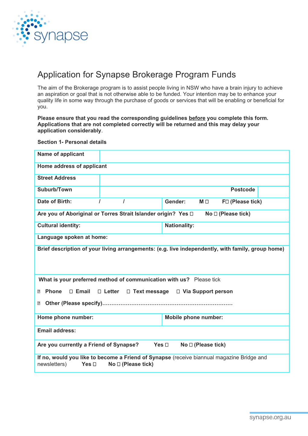 Application for Synapse Brokerage Program Funds