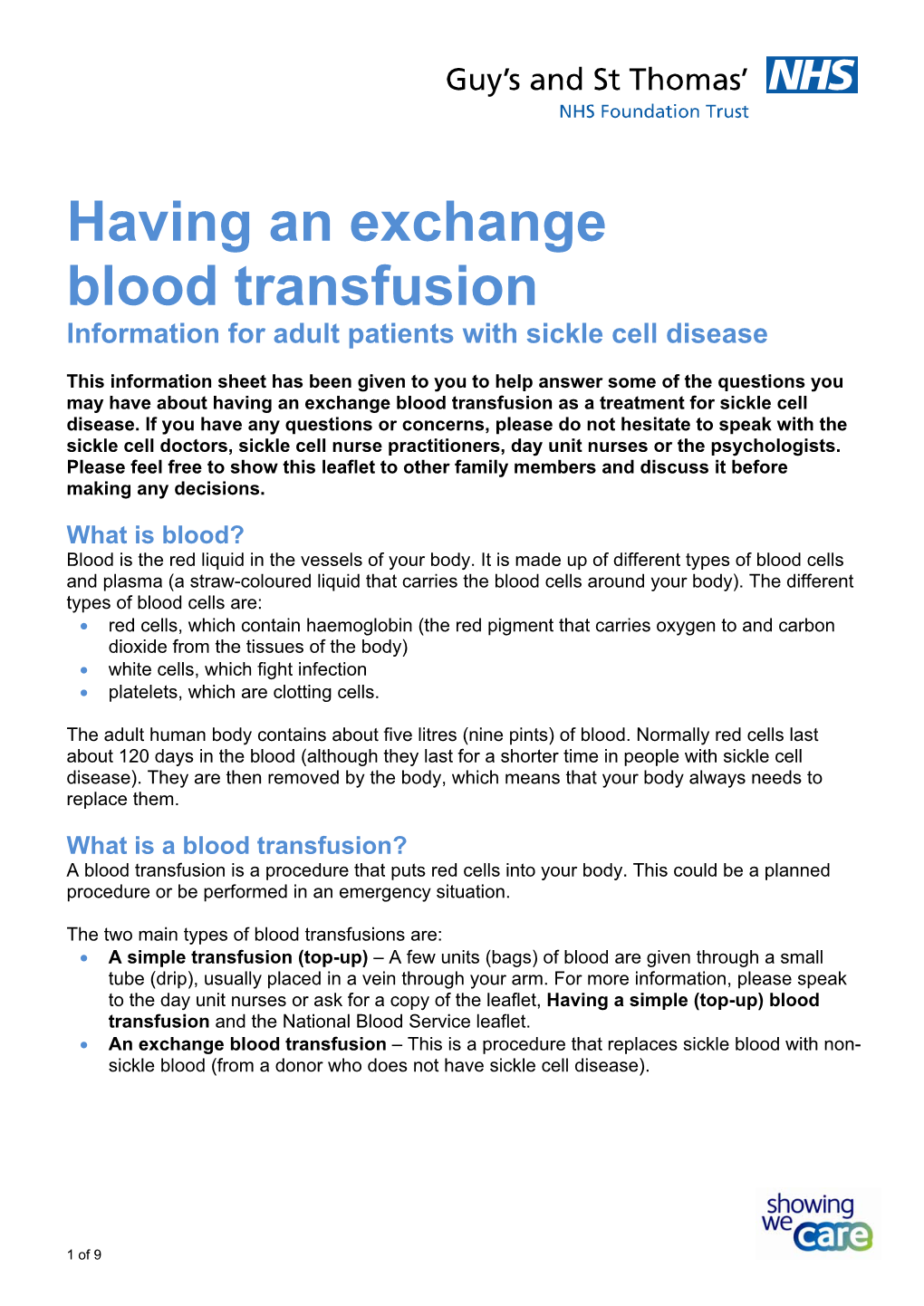 Having an Exchange Blood Transfusion Information for Adult Patients with Sickle Cell Disease