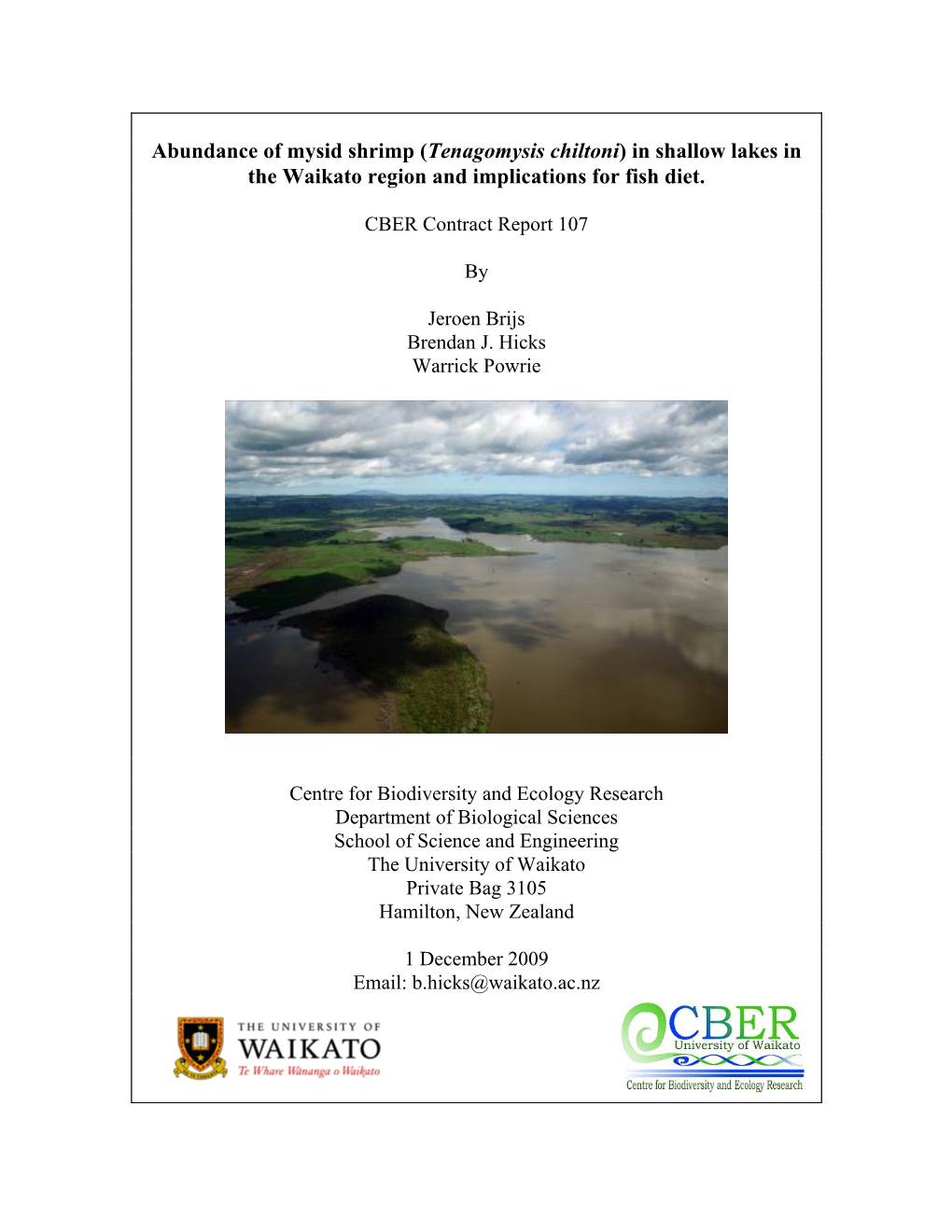 Abundance of Mysid Shrimp (Tenagomysis Chiltoni) in Shallow Lakes in the Waikato Region and Implications for Fish Diet