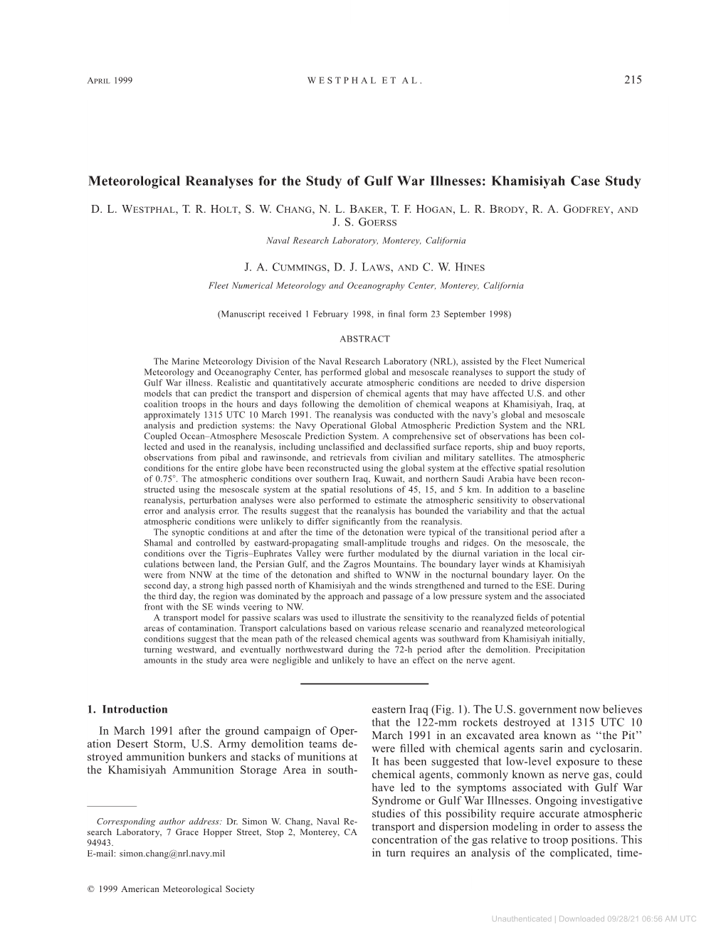 Meteorological Reanalyses for the Study of Gulf War Illnesses: Khamisiyah Case Study
