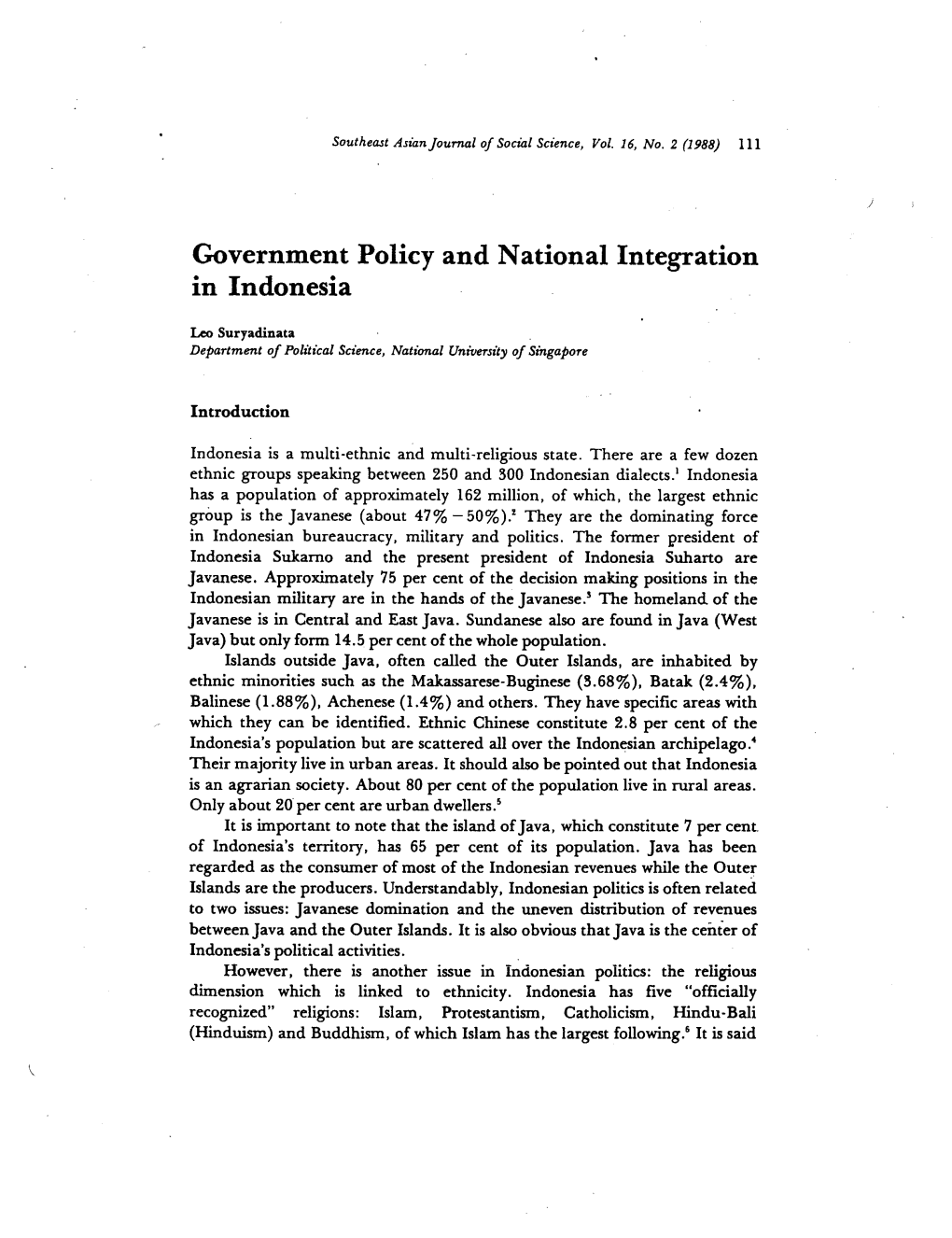 111 Government Policy and National Integration in Indonesia Leo