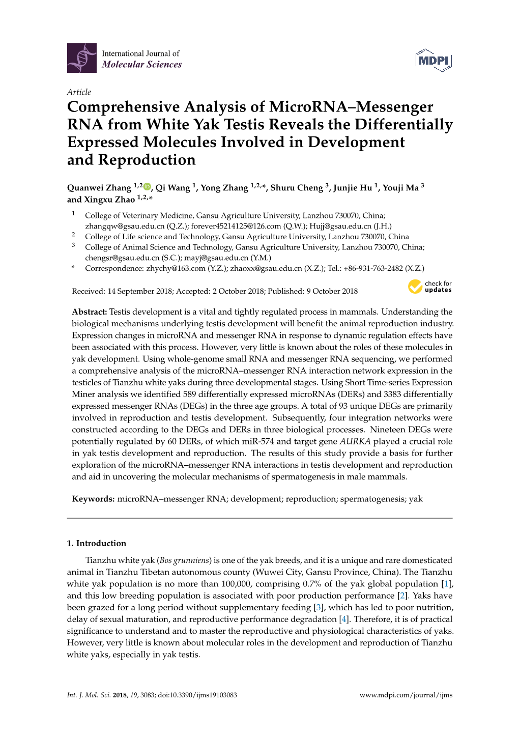 Comprehensive Analysis of Microrna–Messenger RNA from White Yak Testis Reveals the Differentially Expressed Molecules Involved in Development and Reproduction