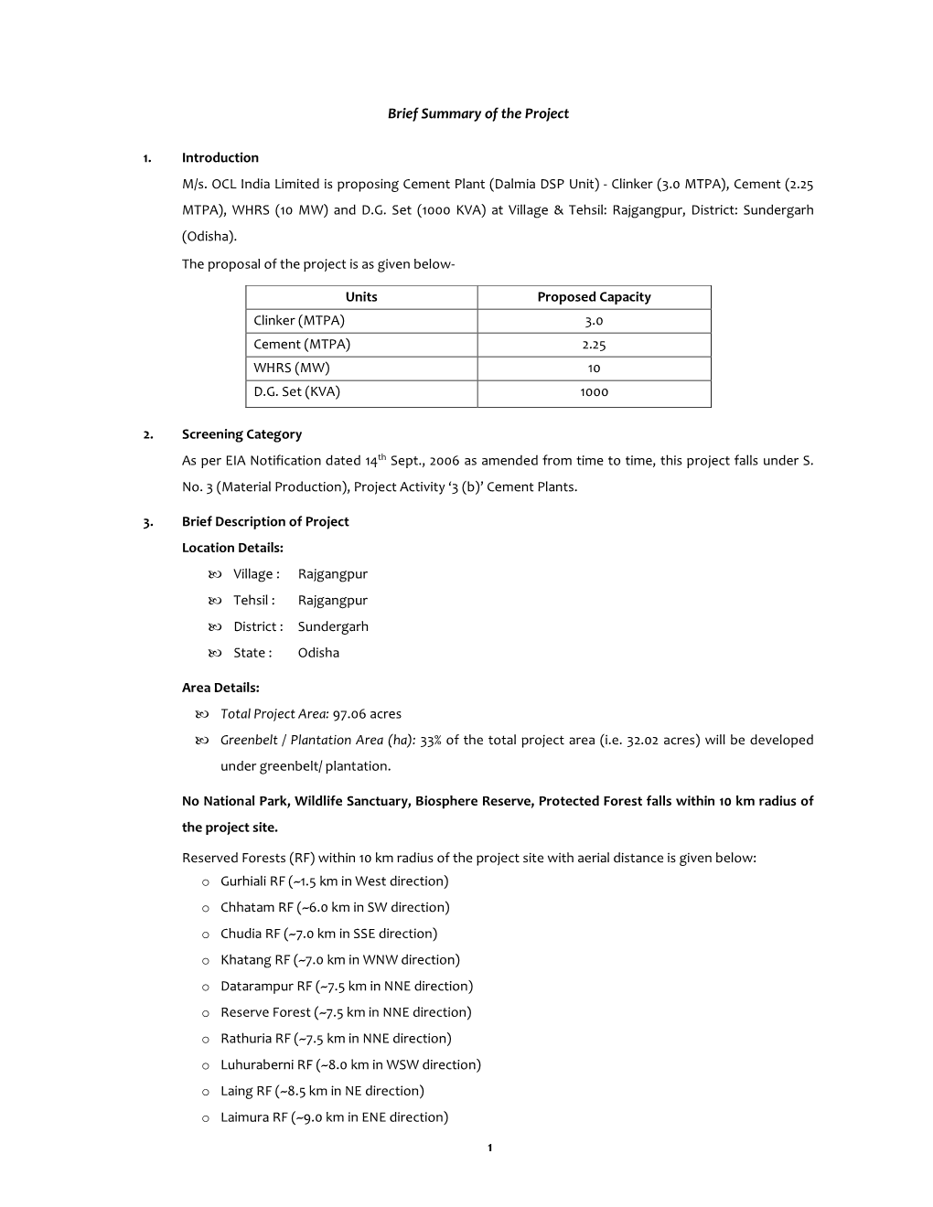 1 Brief Summary of the Project 1. Introduction M/S. OCL India Limited