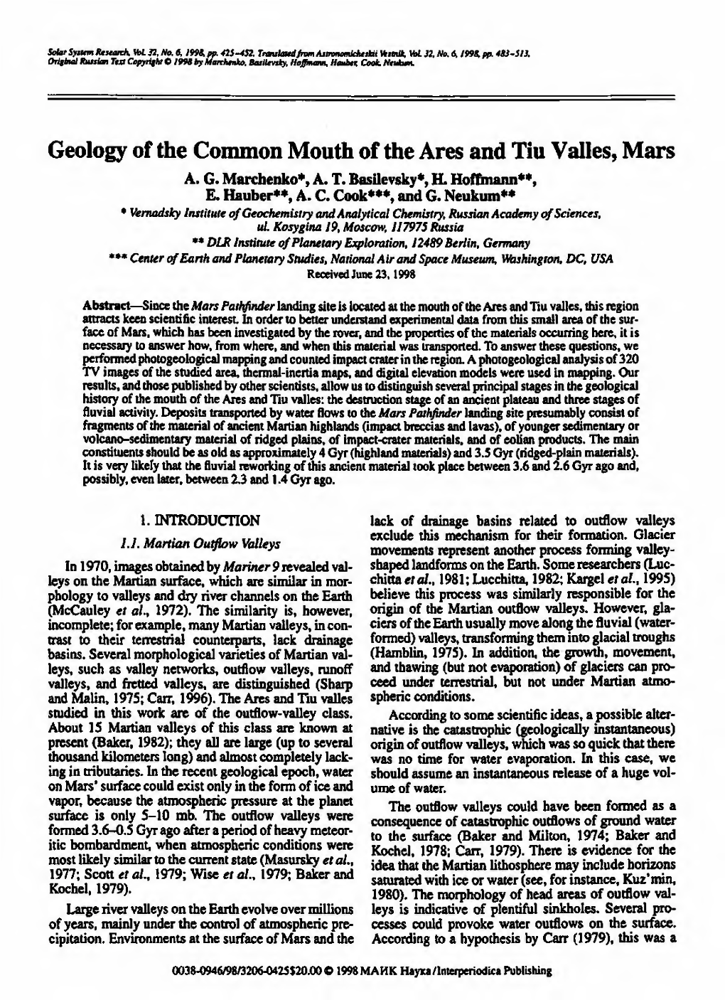 Geology of the Common Mouth of the Ares and Tiu Valles, Mars A