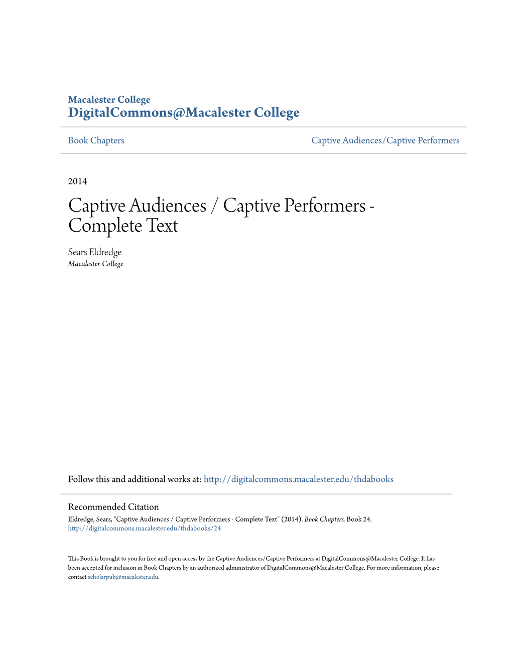 Captive Audiences / Captive Performers - Complete Text Sears Eldredge Macalester College