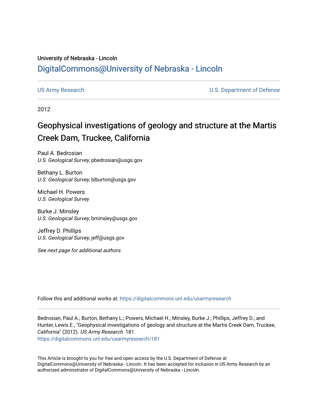 Geophysical Investigations of Geology and Structure at the Martis Creek Dam, Truckee, California