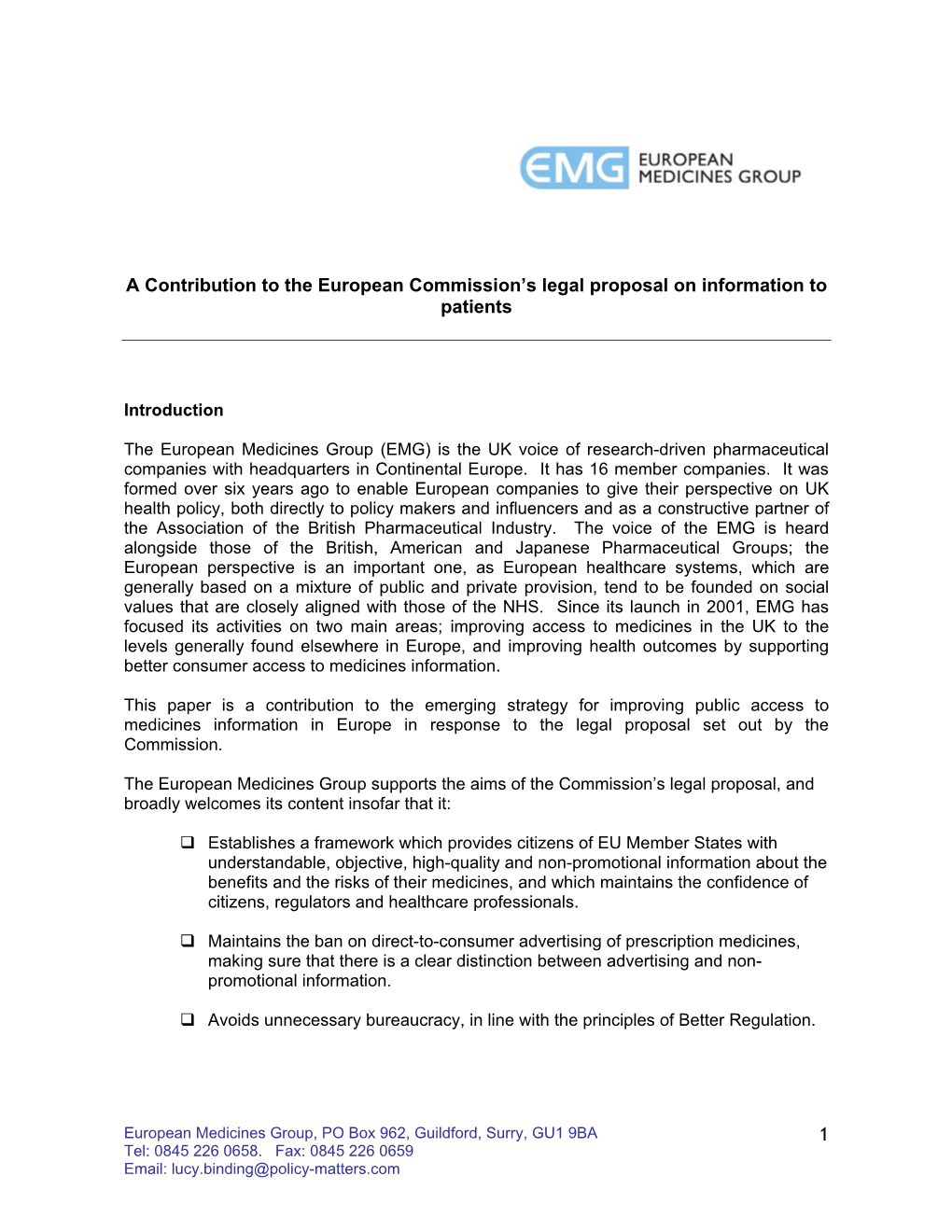 Response to the European Commission Legal Proposal On