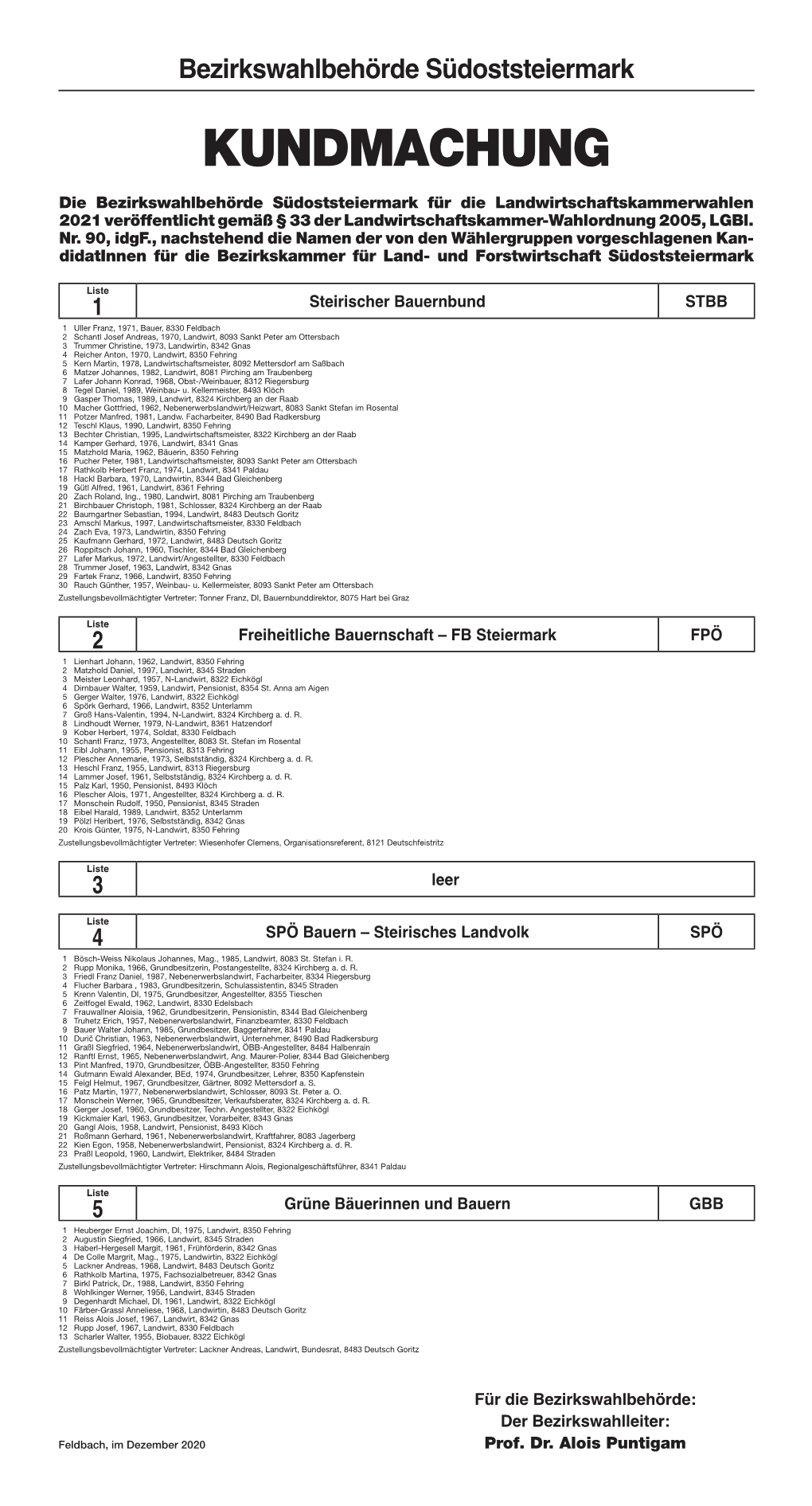 Bezirkswahlbehörde Südoststeiermark KUNDMACHUNG