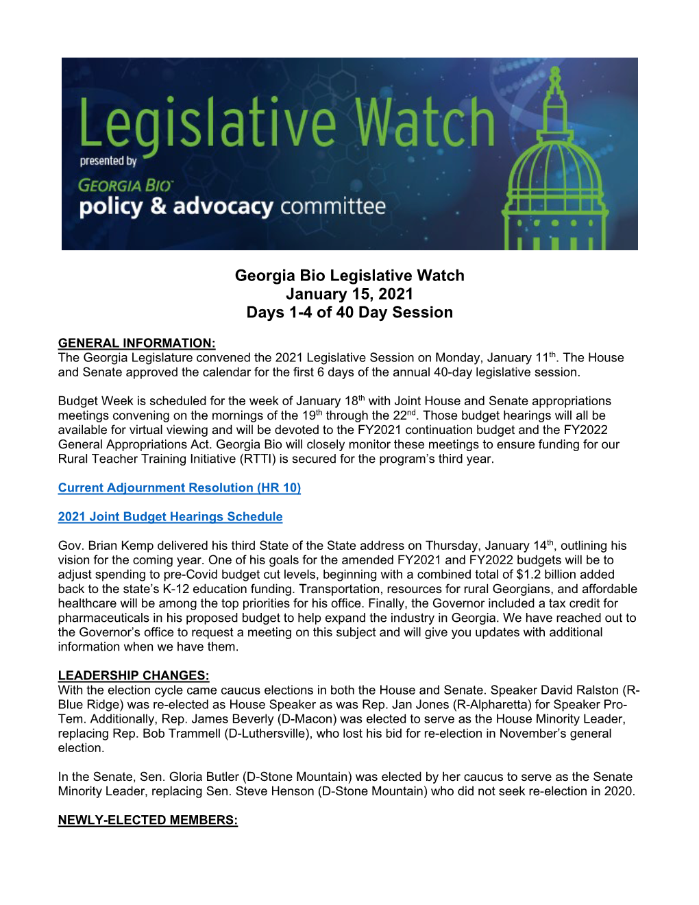 Georgia Bio Legislative Watch January 15, 2021 Days 1-4 of 40 Day Session