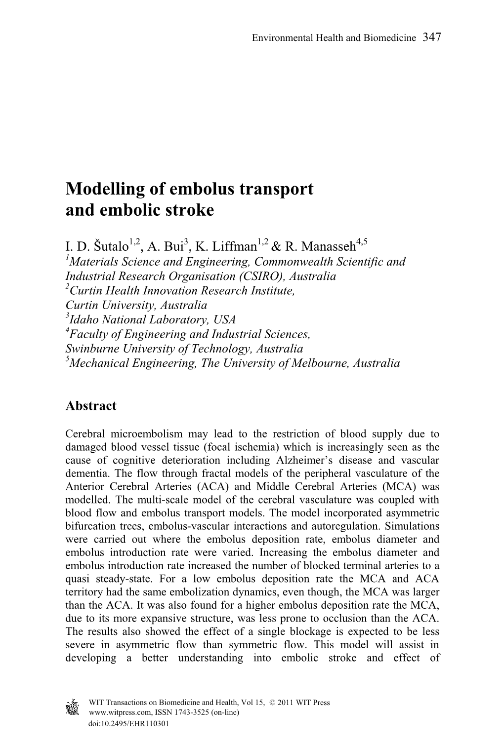 Modelling of Embolus Transport and Embolic Stroke