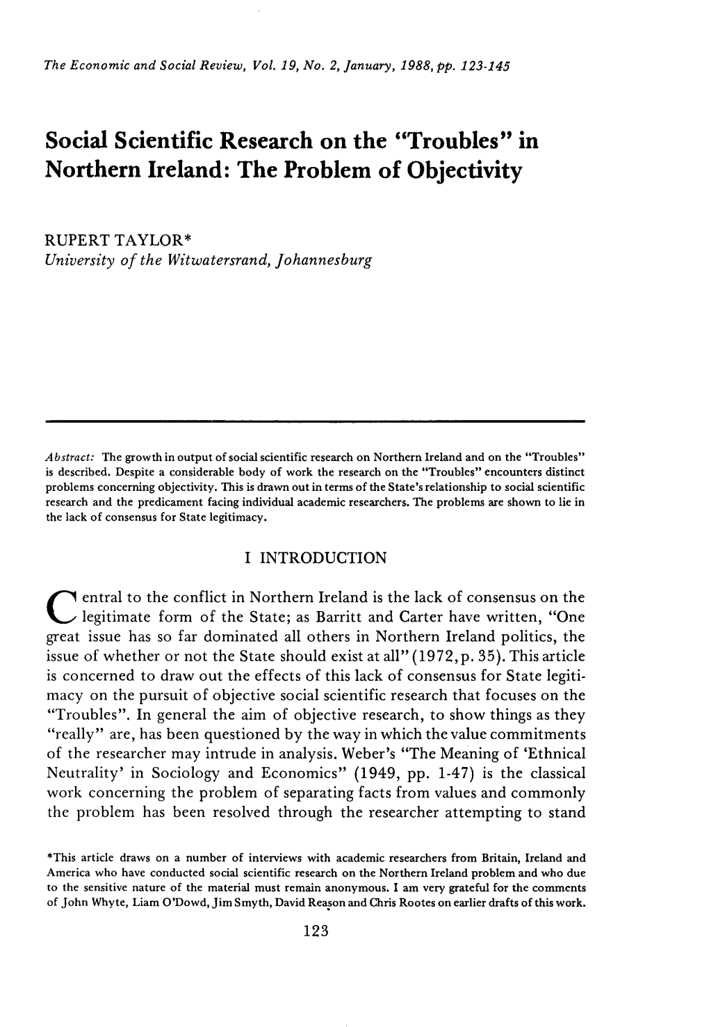 Social Scientific Research on the "Troubles" in Northern Ireland: the Problem of Objectivity