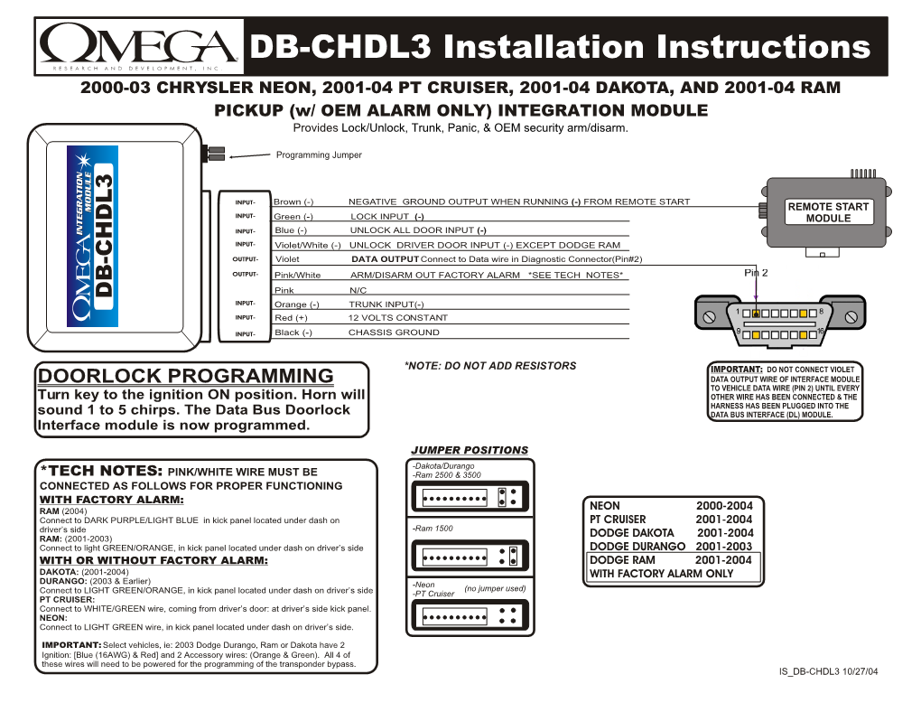DB-CHDL3 Installation Instructions