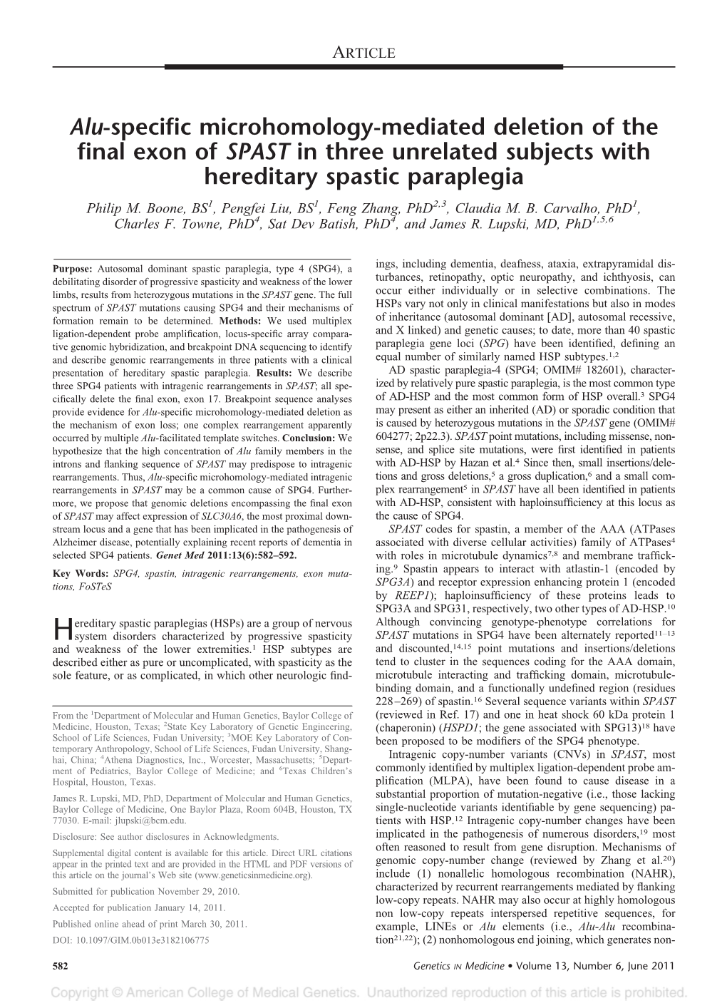 Alu-Specific Microhomology-Mediated Deletion of the Final Exon of SPAST in Three Unrelated Subjects with Hereditary Spastic Paraplegia Philip M