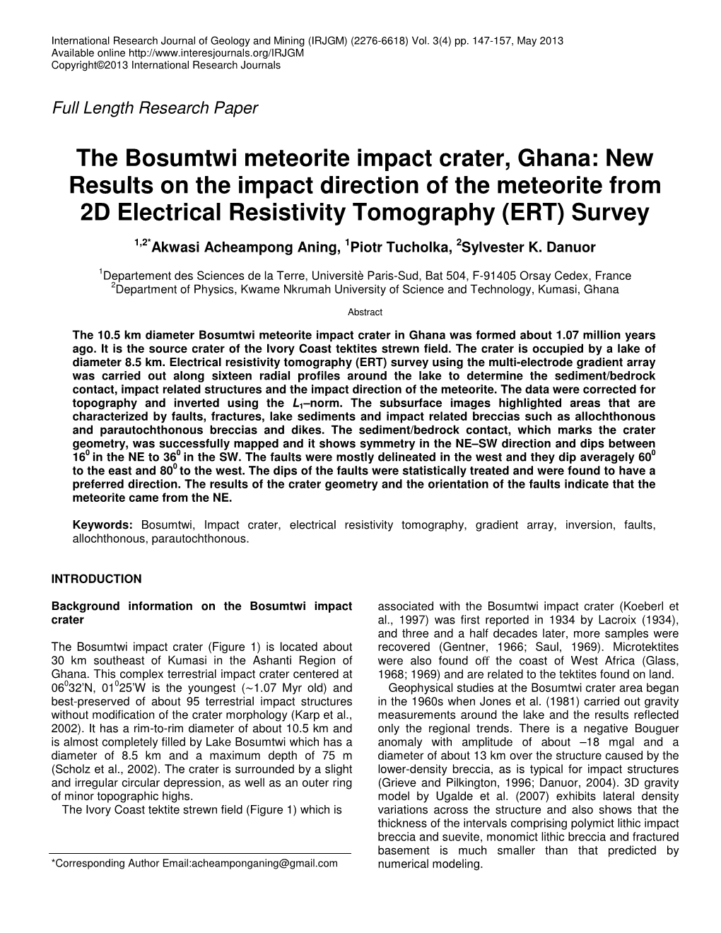 The Bosumtwi Meteorite Impact Crater, Ghana: New Results on the Impact Direction of the Meteorite from 2D Electrical Resistivity Tomography (ERT) Survey