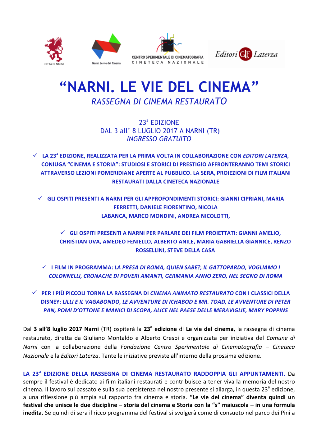 “Narni. Le Vie Del Cinema” Rassegna Di Cinema Restaurato