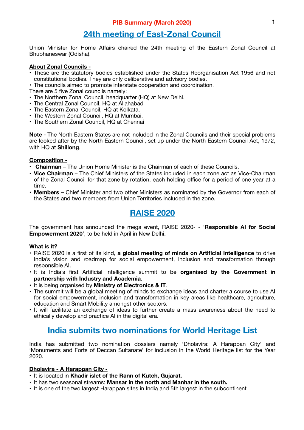 PIB Summary (March 2020) 1 24Th Meeting of East-Zonal Council