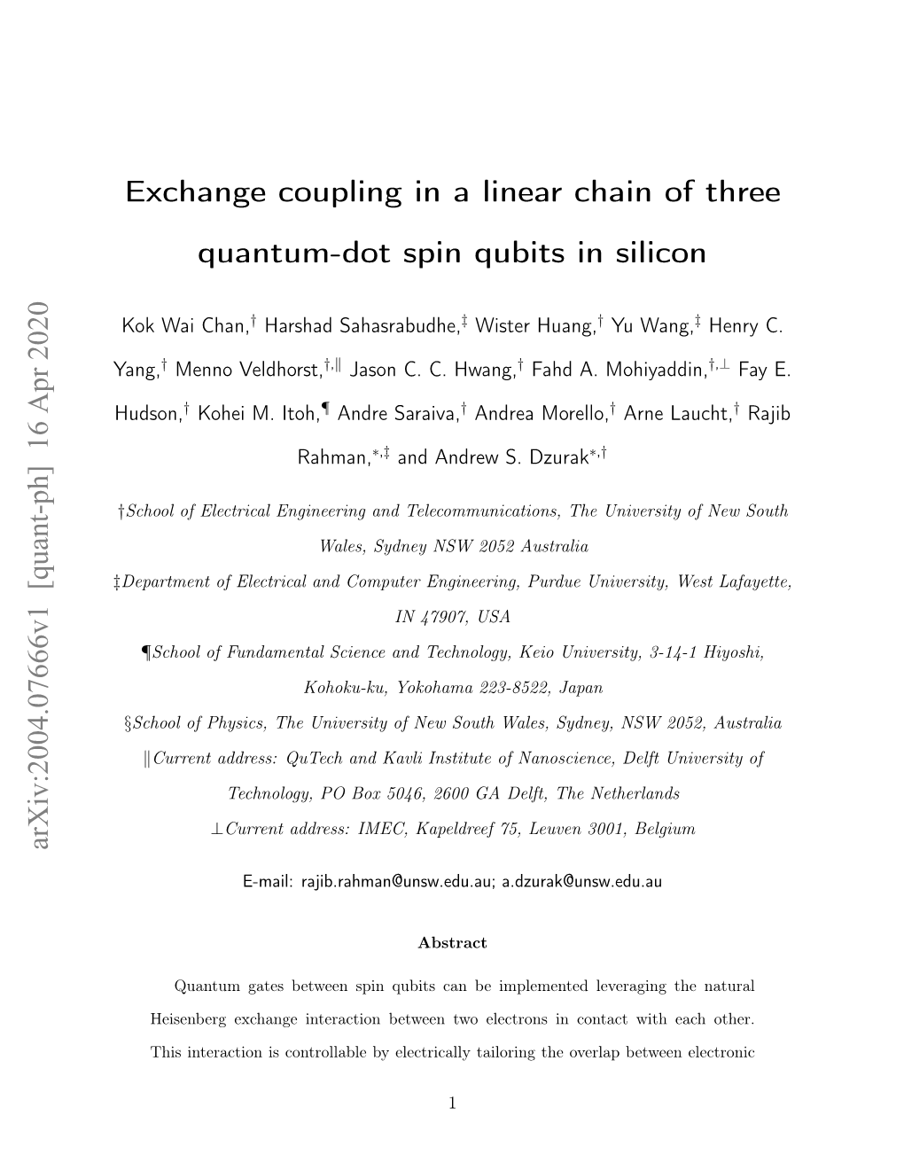 Exchange Coupling in a Linear Chain of Three Quantum-Dot Spin Qubits in Silicon