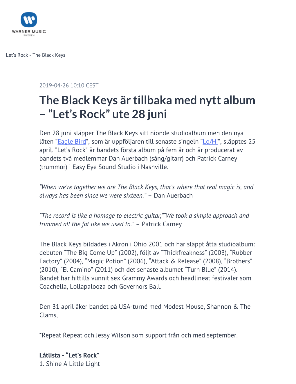 The Black Keys Är Tillbaka Med Nytt Album – ”Let's Rock”