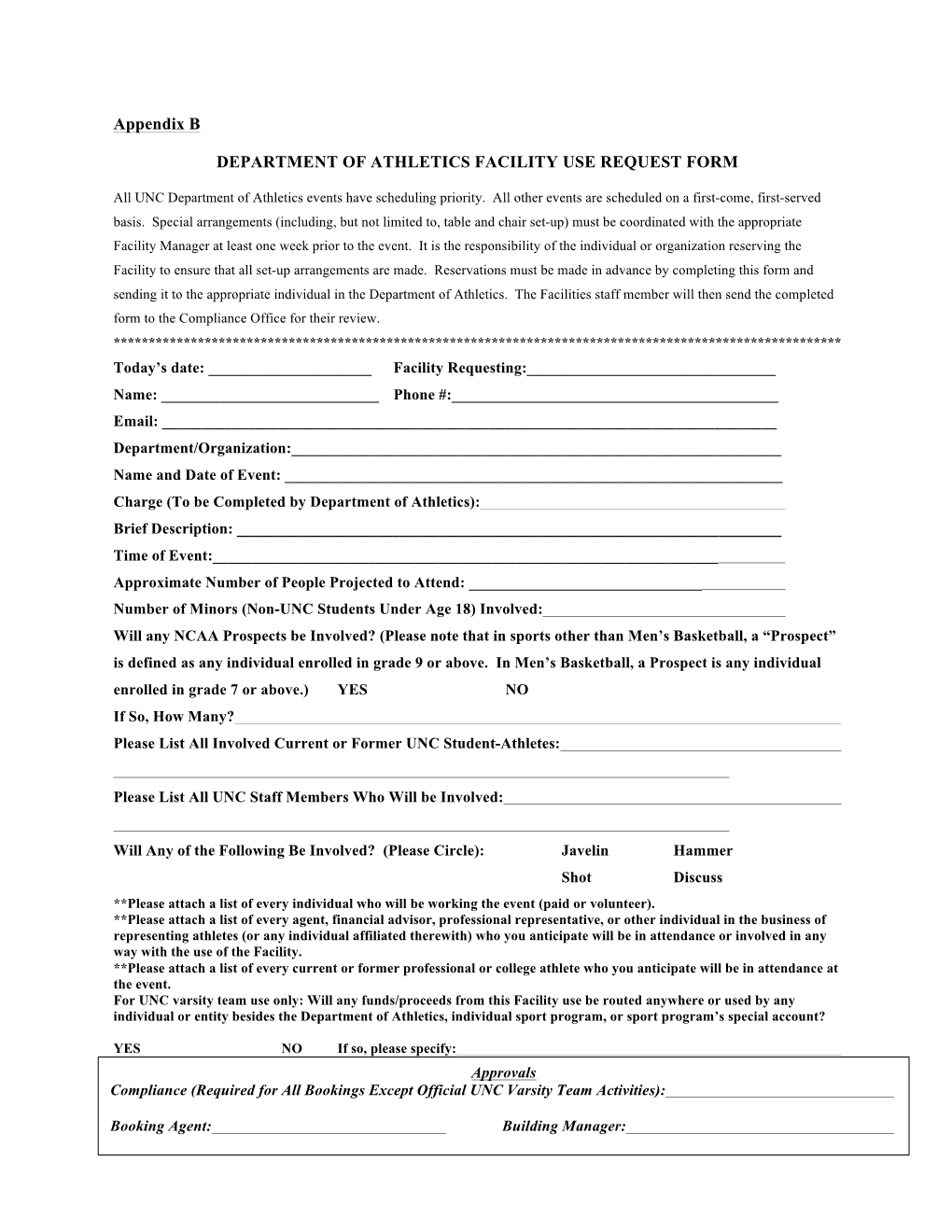 Department of Athletics Facility Use Request Form