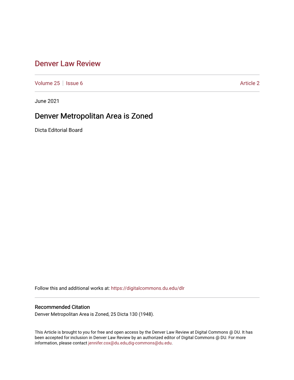 Denver Metropolitan Area Is Zoned