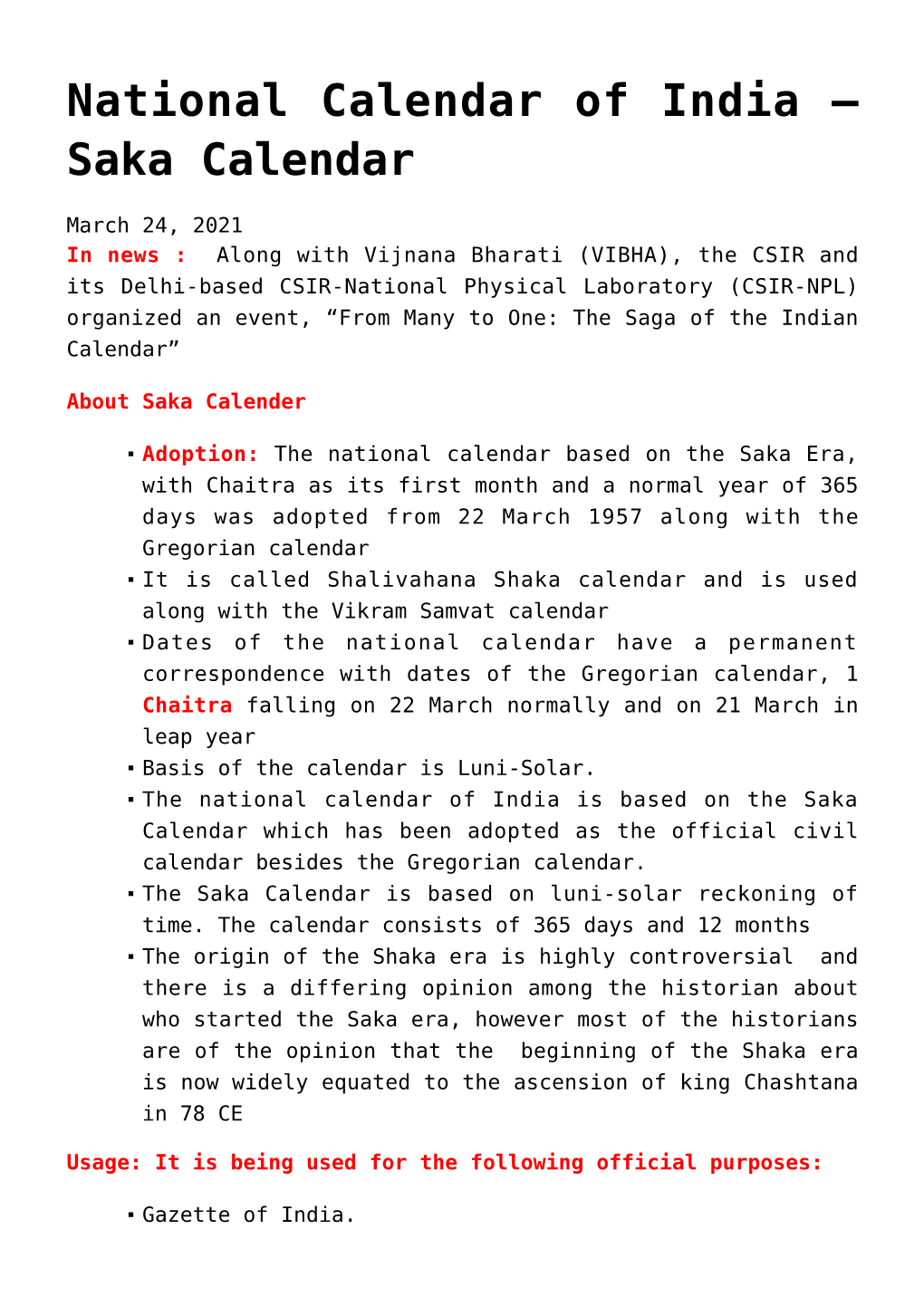 National Calendar of India – Saka Calendar