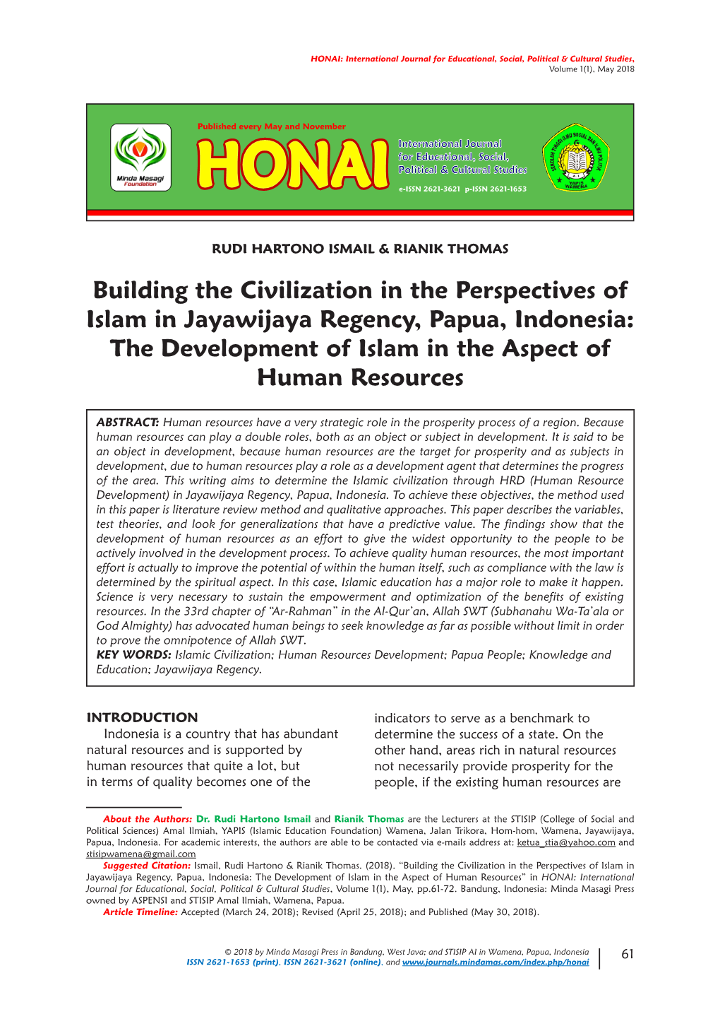 Building the Civilization in the Perspectives of Islam in Jayawijaya Regency, Papua, Indonesia: the Development of Islam in the Aspect of Human Resources