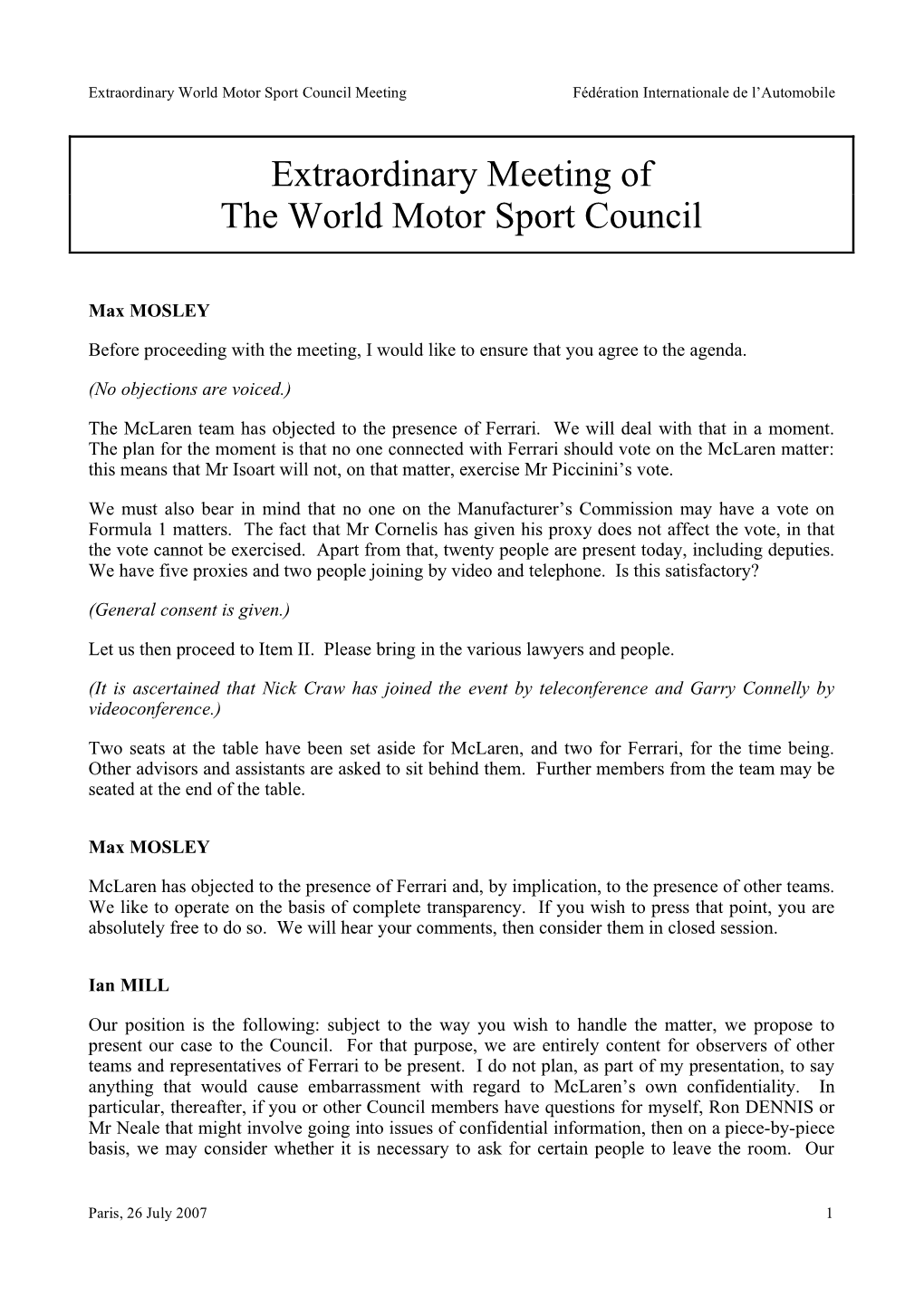 Extraordinary Meeting of the World Motor Sport Council