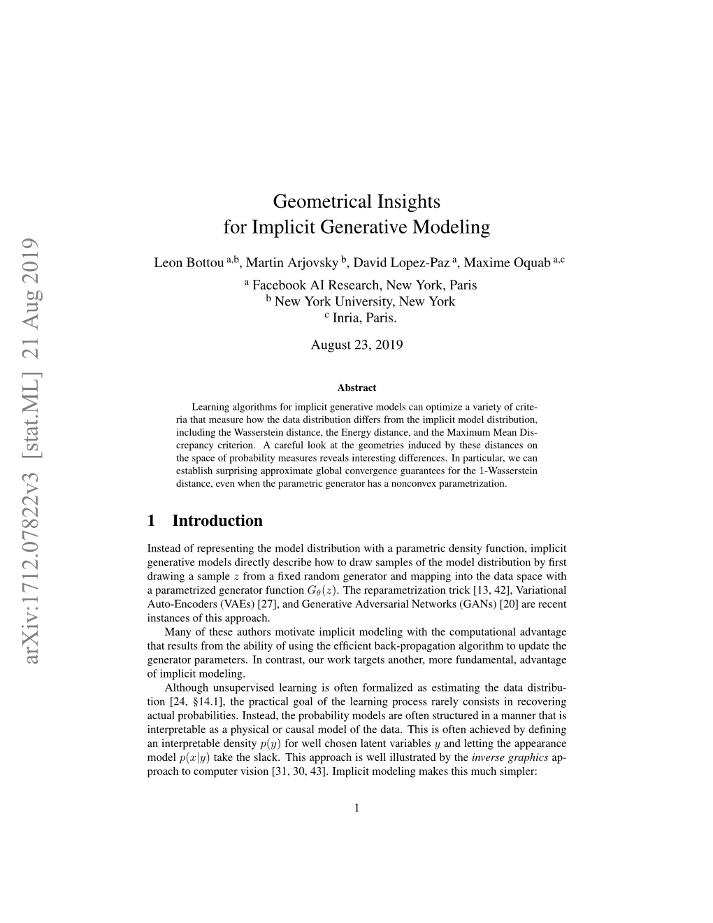 Geometrical Insights for Implicit Generative Modeling