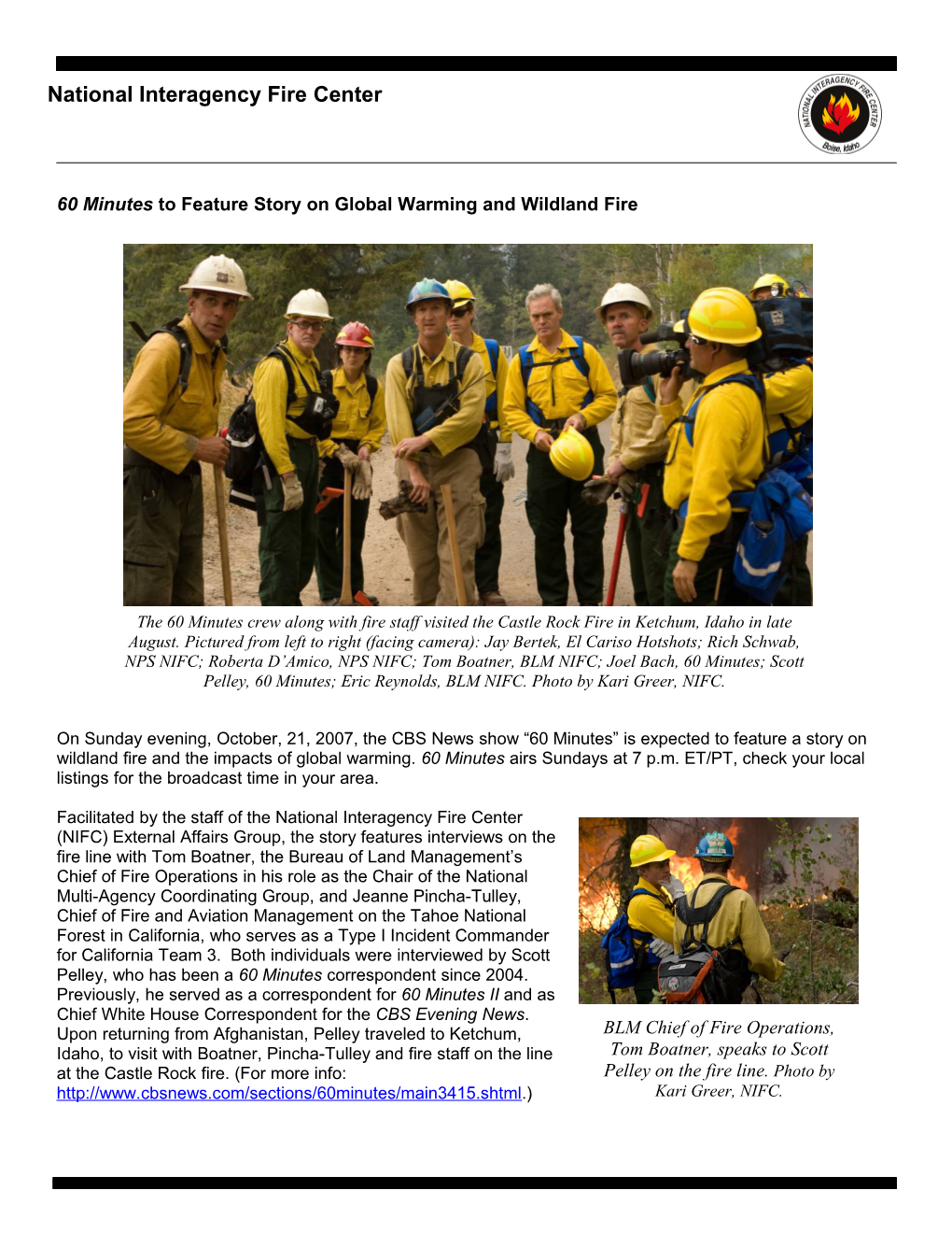 60 Minutes to Feature Story on Global Warming and Wildland Fire