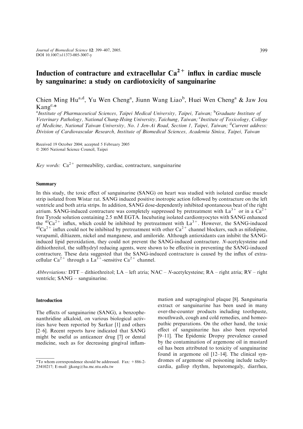 Induction of Contracture and Extracellular Ca Influx in Cardiac Muscle by Sanguinarine: a Study on Cardiotoxicity of Sanguinarin