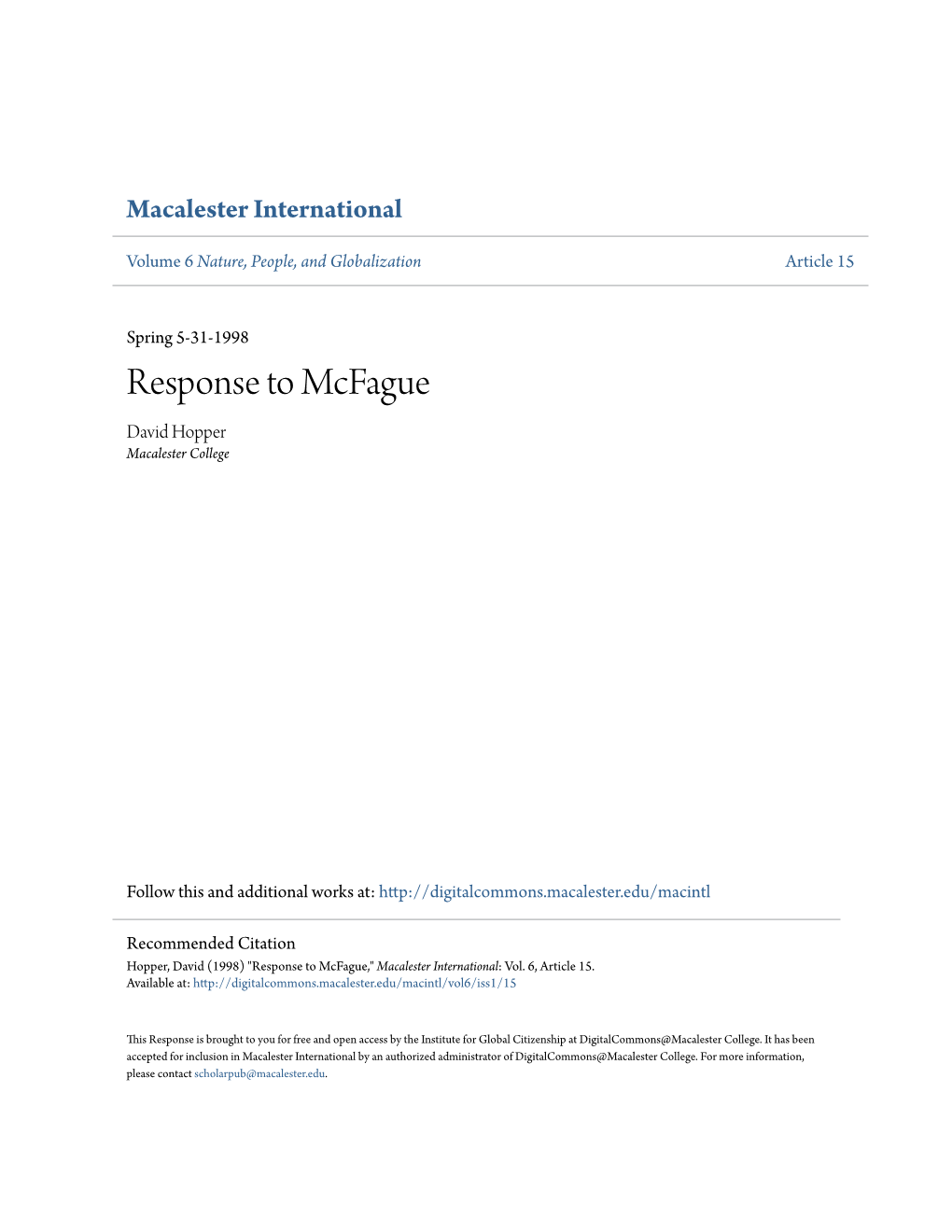 Response to Mcfague David Hopper Macalester College
