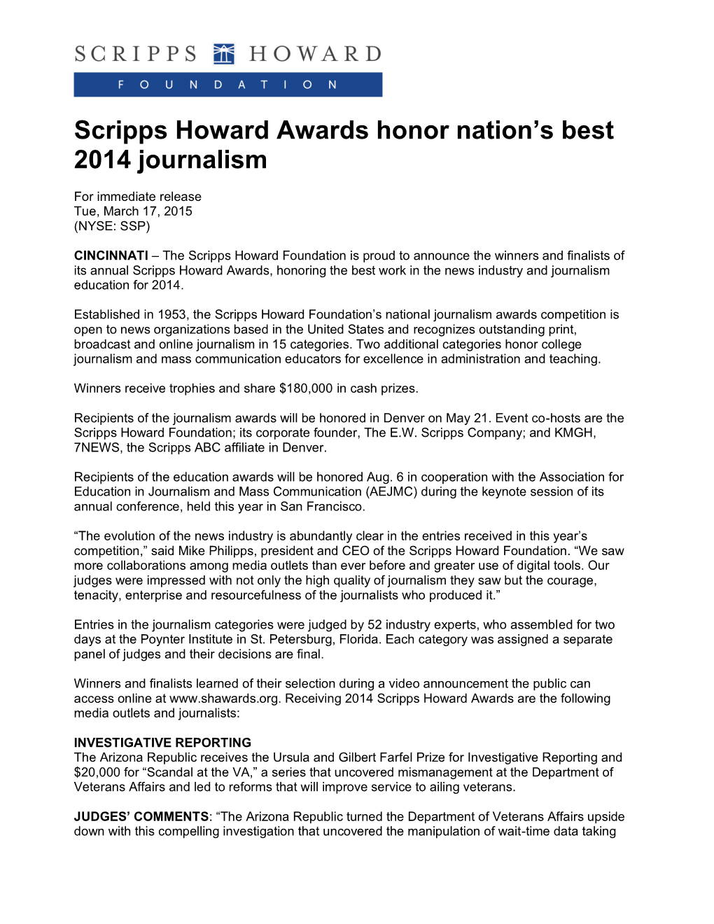 Scripps Howard Awards Honor Nation's Best 2014 Journalism