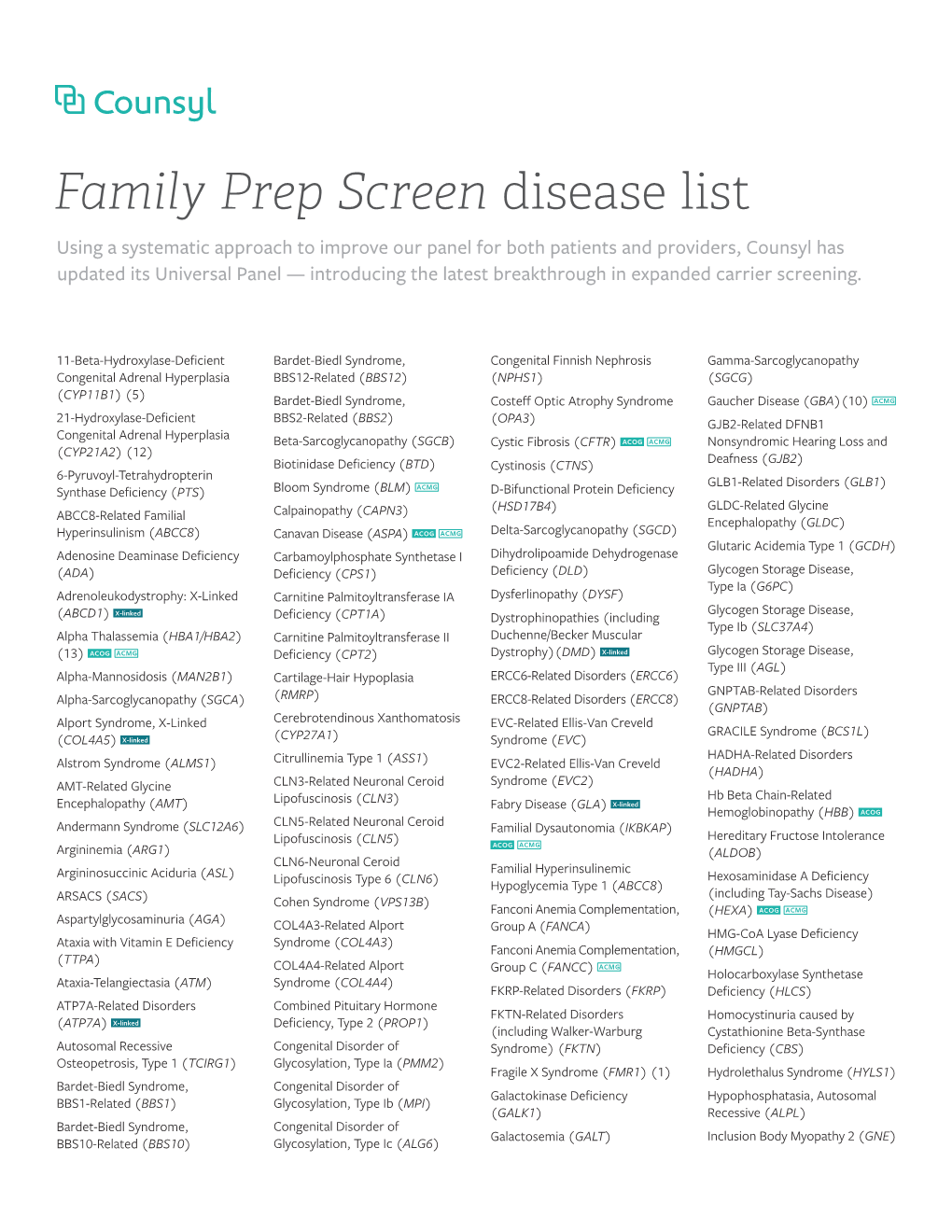 Family Prep Screen Disease List