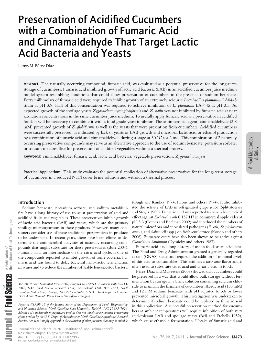 Preservation of Acidified Cucumbers with a Combination of Fumaric Acid