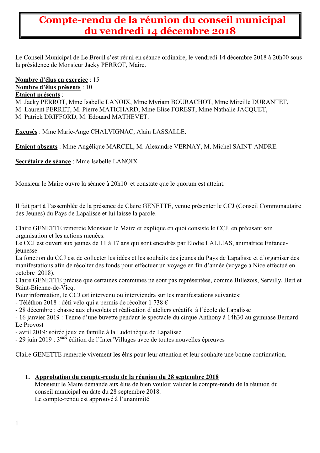 Conseil Municipal Du Vendredi 14 Décembre 2018