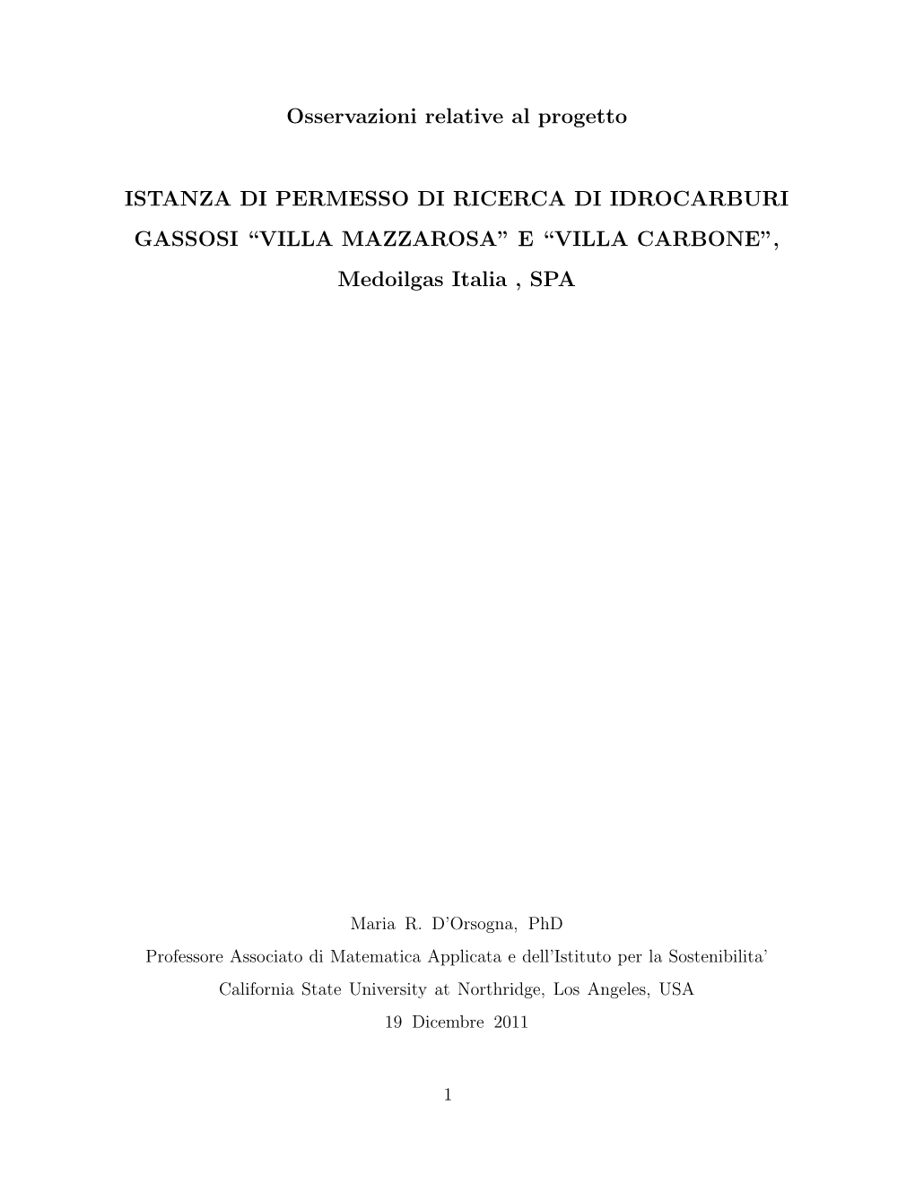 Osservazioni Relative Al Progetto ISTANZA DI PERMESSO DI