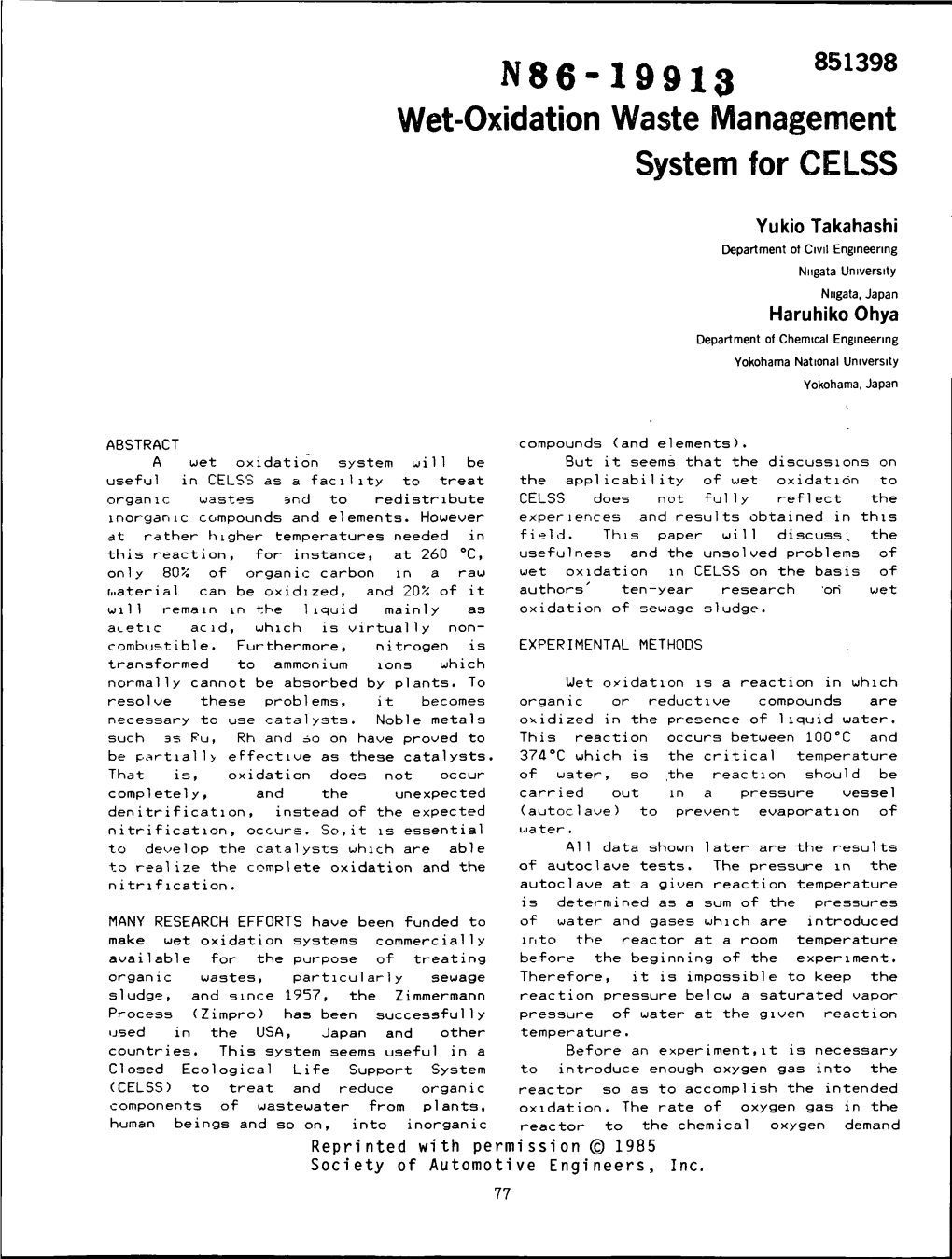 Wet-Oxidation Waste Management System for CELSS