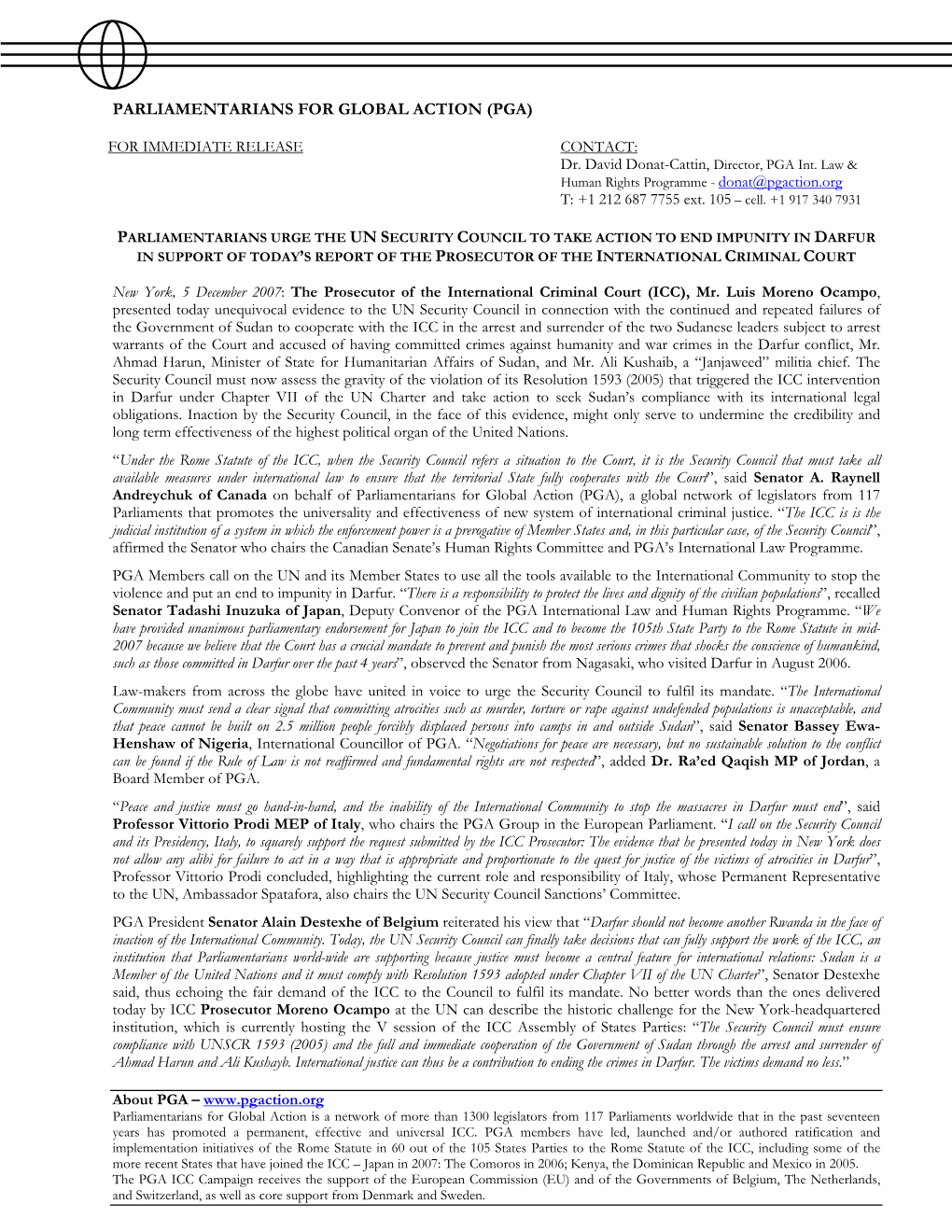 Parliamentarians Urge the UN Security Council to Take Action to End Impunity in Darfur